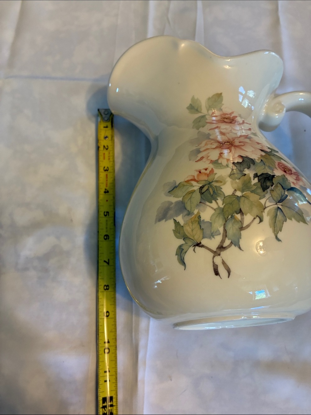 Floral Ceramic Pitcher Vase in Cream with Pastel Pink Flowers - Picture 3 of 3